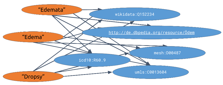 Modelling links between knowledge graphs and lexical resources can lead to many links between the concepts